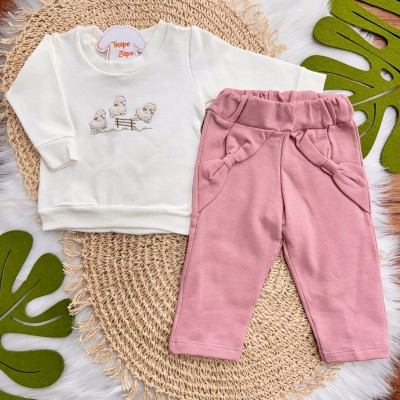 Conj. Blusa Moletom Carneirinhos e Calça Legging - Off White e Rose